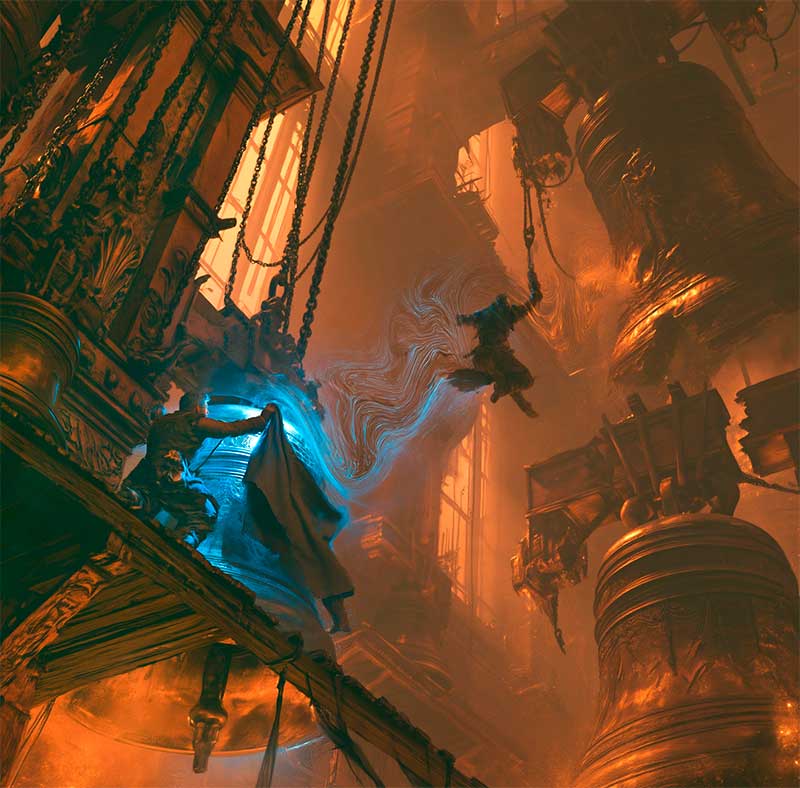 Adventurers pursue a magical silver sound through a medieval bell foundry toward a cracked bronze bell