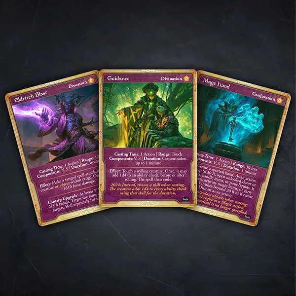 Free 5e cantrip cards featuring Eldritch Blast, Guidance and Mage Hand
